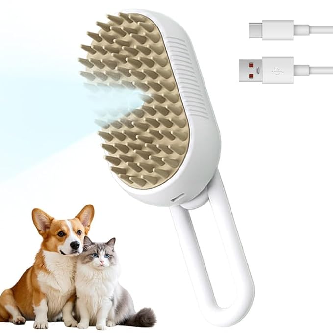 3-In-1 Rechargeable Steamy Cat Brush, Deep Cleaning & Hair Removal System with Rotating Handle, 360° Massage for Cats & Dogs (White)-PawvioPets