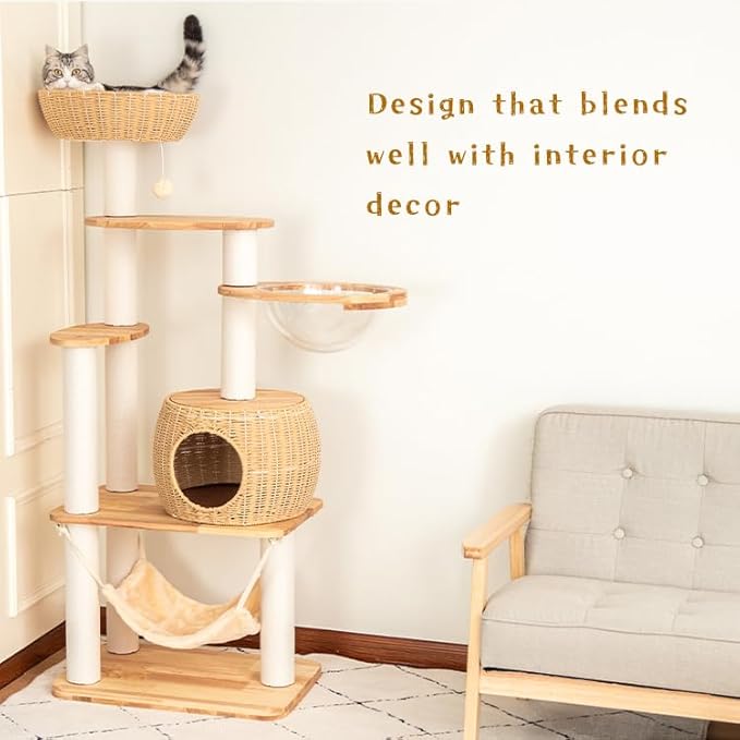 57'' Cat Tower for Large Cats, Manual Hand Woven Modern Multi-Level Condo with Natural Wood, Cat Activity Centre for Medium and Big Pets-PawvioPets