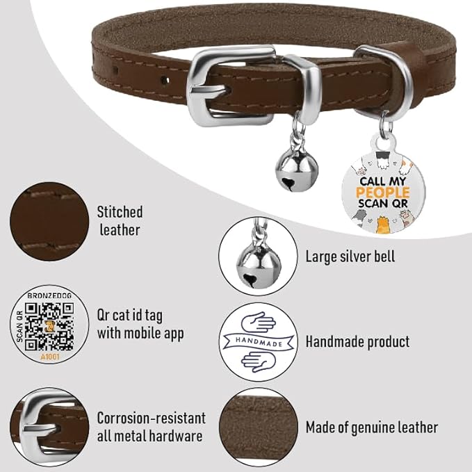 BRONZEDOG Leather Cat Collar with Removable Bells Non Breakaway Kitten QR Tag for Girl Boy (9" - 12" Cats/Mini Dogs, Brown & Silver)-PawvioPets