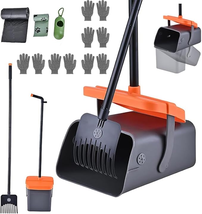 Dog Pooper Scooper with Rotating Bucket & Rake – 46” Adjustable Long Handle Includes 85 Waste Bags – Heavy Duty Poop Scooper for Large Medium & Small Dogs – Yard Lawn Gravel & Dirt Cleanup-PawvioPets