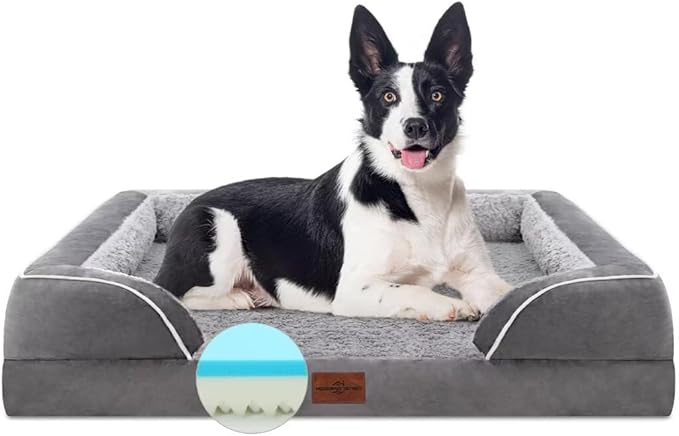 Comfort Expression Cooling Dog Bed for Large Dogs, Orthopedic Memory Foam Beds, Waterproof Washable Dogs Bed with Removable Cover, Pet Bed Dog Sofa with Bolster(Large,Silver Grey)-PawvioPets