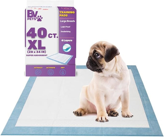 BV Puppy Pads XL 40 Count 28"x34" - Leak-Proof Pee Pads for Dogs with 6-Layer Design, Rapid Dry Sheet & Attractant - Dog Pad Extra Large with Odor Control - Perfect for Big Dogs & Indoor Use-PawvioPets