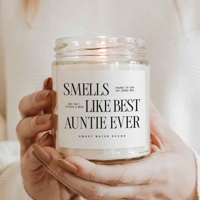 Sweet Water Decor Smells Like Best Auntie Ever Candle 9oz, Non-Toxic Soy Wax, Glass Jar with Gold Lid, Sea Salt Citrus Scent, Gift for New Aunt, Pregnancy Reveal, Baby Shower, Birthday & Mother’s Day