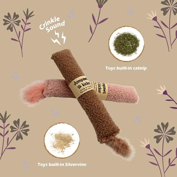 2 Pack Natural Interactive Catnip & Silvervine Cat Kicker with Tail, Bite Resistant Chew Toy, Crinkle Kicker, Accessories for Indoor Cat, Sherpa Material-PawvioPets