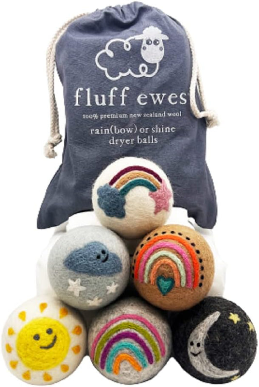 Fluff Ewes Wool Dryer Balls 6 Pack Premium New Zealand Wool Laundry Balls for Dryer, No Static Dryer Balls Laundry Reusable, XL Wool Dryer Balls Cute, Baby Dryer Balls for Dryers - Rainbow or Shine-PawvioPets