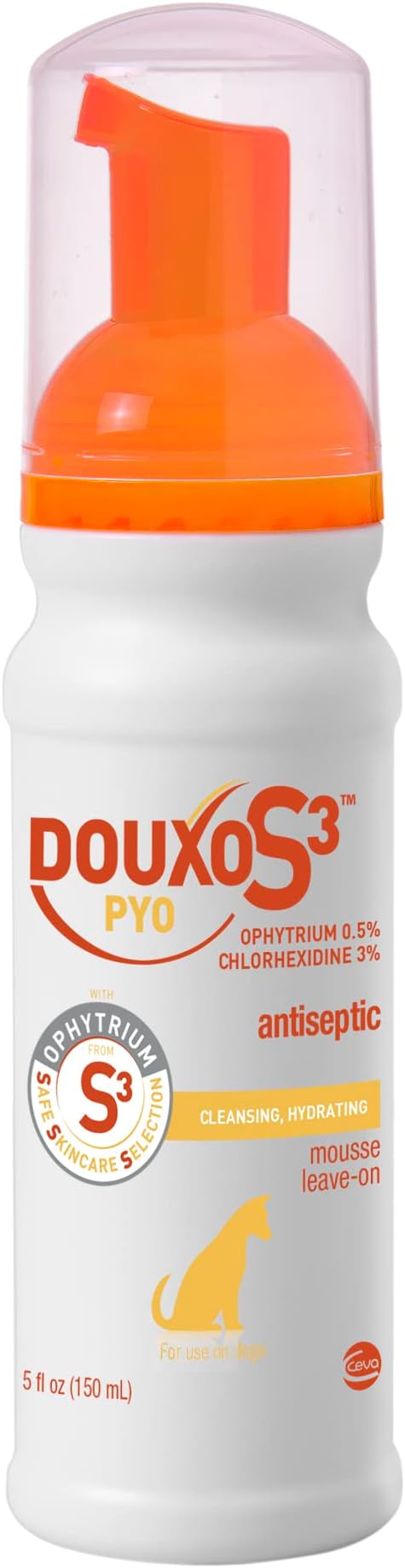 Douxo S3 Pyo Mousse, Contains 3% Chlorhexidine & 0.5% Ophytrium, Antiseptic & Hydrating, for Bacterial or Yeast Skin Infections, for Dogs, 5.1 fl. oz. (150mL)-PawvioPets