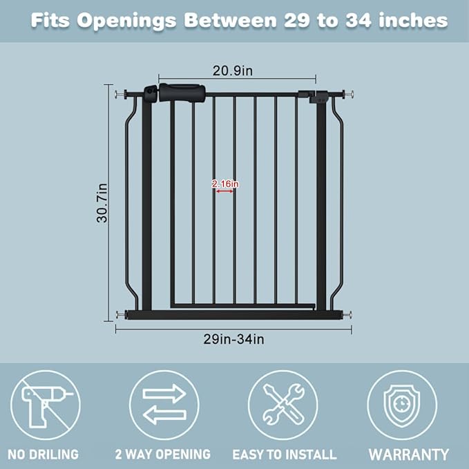 Black Baby Gate 29-34 Inch Wide Walk Through Pressure Mounted Safety Gate with Door No Drill Tension Metal Gate for Dog Cat and Toddler-PawvioPets