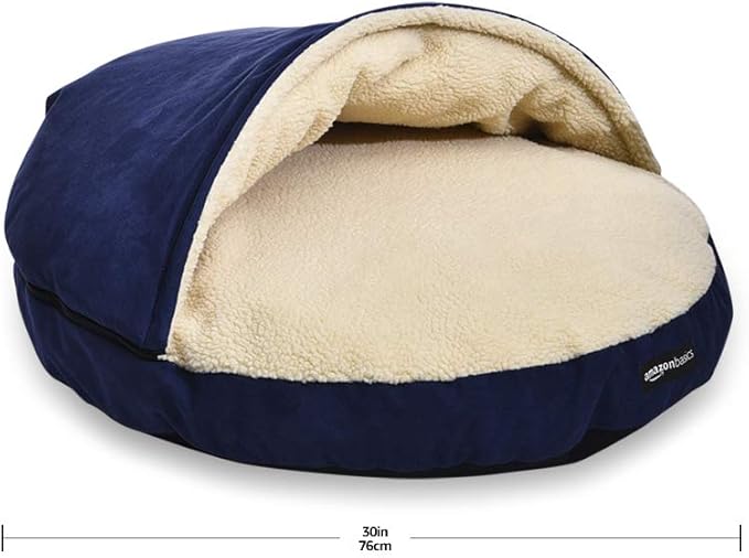 Amazon Basics Pet Cave Bed for Dog, With Removal Nesting Cave Cover, Fits up to 35lbs Pets, 30 x 30 x 12.5 inches, Blue-PawvioPets