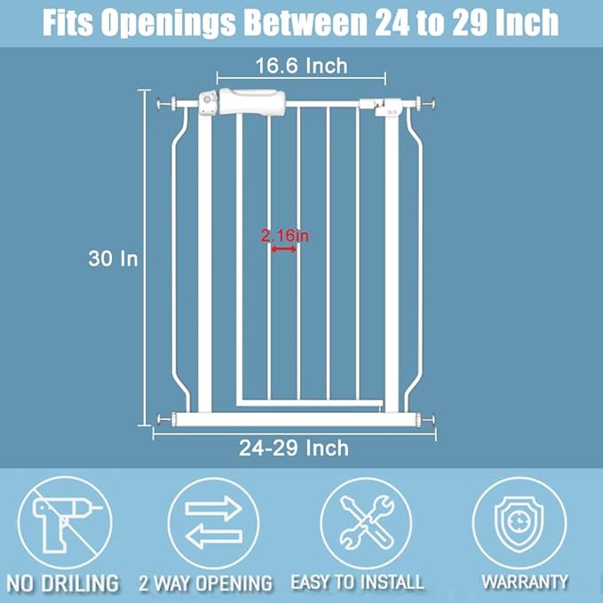 Narrow Baby Gate 24 to 29 Inch Wide Pet Gate Pressure Mounted No Drill Safety Gate Walk Through Metal Child Gate for Kids Stairs or Pets Indoor White-PawvioPets
