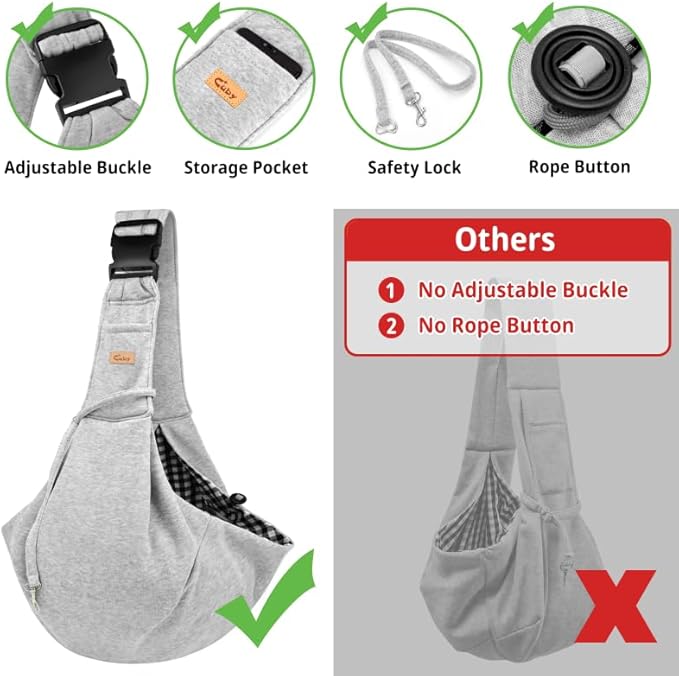 CUBY Dog and Cat Sling Carrier, Hands Free Reversible Pet Papoose Bag, Soft Pouch Adjustable, Suitable for Puppy Cats for Outdoor Travel (Grey, M-Adjustable Strap)-PawvioPets