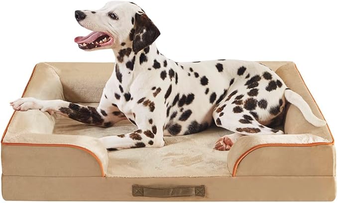 Friends Forever Orthopedic Dog Bed for Large Dogs, Waterproof Memory Foam Dog Sofa Bed L with Removable Washable Cover, Ally Khaki, 35x25x6.5-PawvioPets