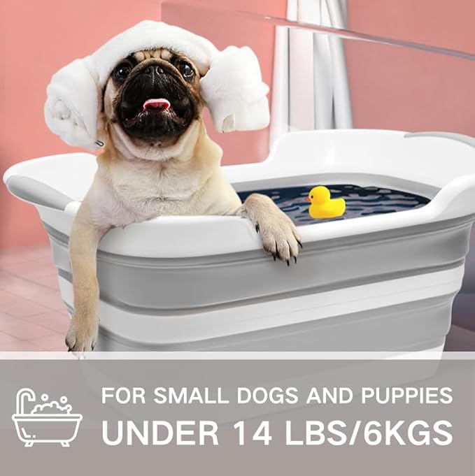 Collapsible Pet Bathtub with Water Drain Plug, Foldable Bathtub for Puppy Small Dogs Cats, Portable & Space Saving Design, BPA Free, Grey-PawvioPets