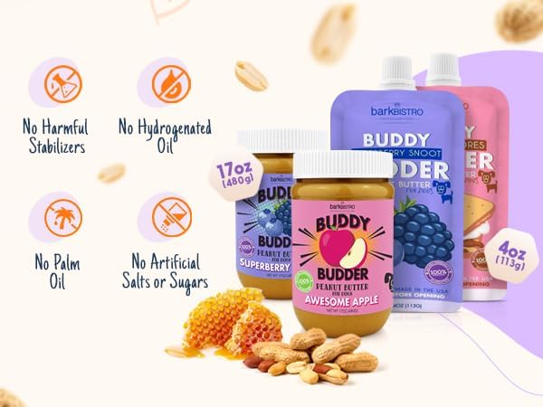 BUDDY BUDDER 6 Pack Mixed Flavor Squeeze Packs, 100% Natural Dog Peanut Butter, Healthy Peanut Butter Dog Treats, Made in USA, (4oz Packs)-PawvioPets