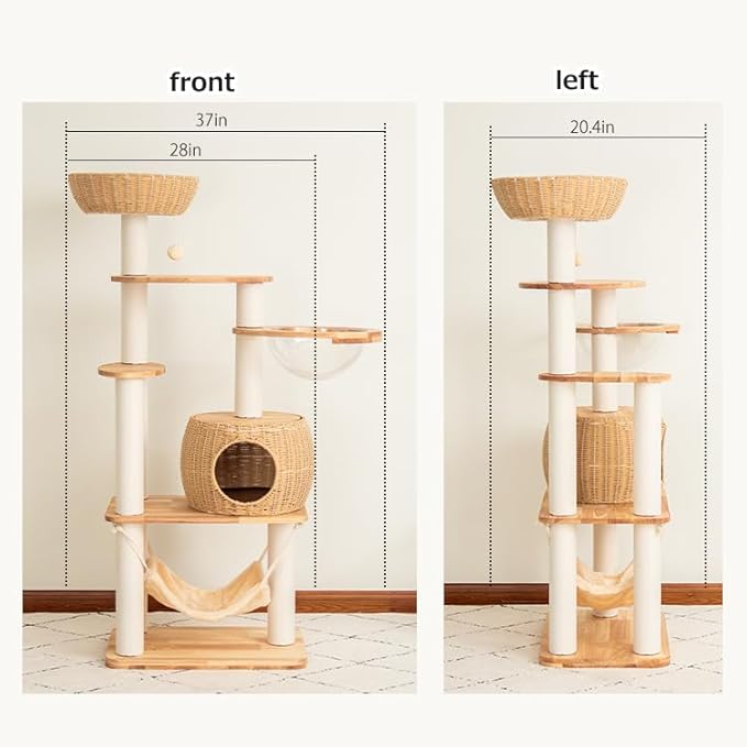 57'' Cat Tower for Large Cats, Manual Hand Woven Modern Multi-Level Condo with Natural Wood, Cat Activity Centre for Medium and Big Pets-PawvioPets