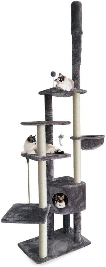 Furhaven 100"-113" Tall Cat Tree for Indoor Cats w/ Adjustable Height, Ft. Sisal Scratching Posts, Condo, & Toys - Tiger Tough Skyscraper Interactive Playground Tower - Gray, One Size-PawvioPets