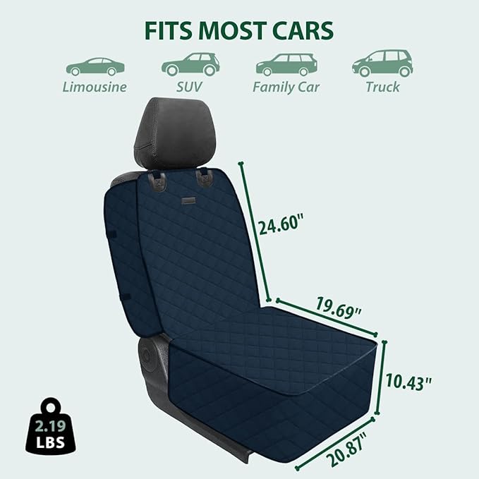 Dog Car Front Seat Cover with Side Flaps & Buckle Straps for Pet, 100% Waterproof 600D Oxford Single Seat Protector Heavy Duty Quilted Scratch Proof, Universal Size for SUV Truck, Blue-PawvioPets