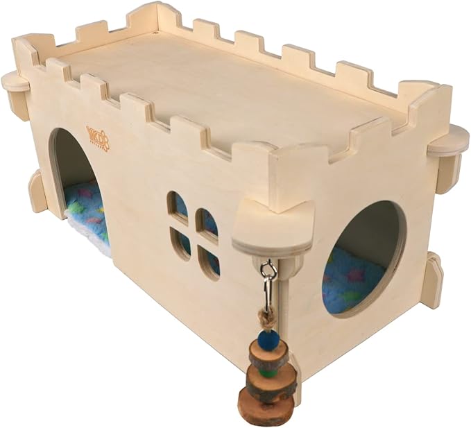Castle Chinchilla House - Small Animal Hideout for Chinchilla Guinea Pig Hedgehog, or Rat - Ventilated Wooden Guinea Pig Hut Habitat with Multiple Doors (Large)-PawvioPets