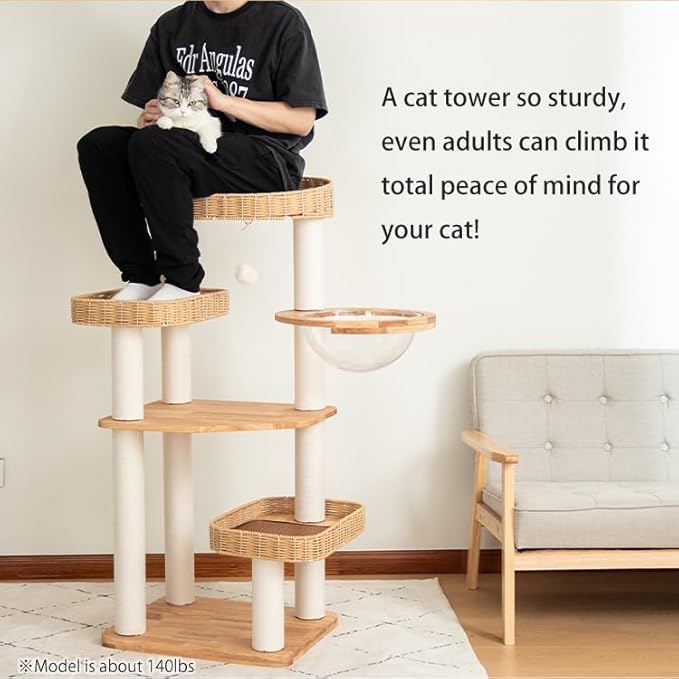 48'' Cat Tree for Large Cats, Modern Cat Tree Multi-Level Condo with Natural Wood, Cat Activity Centre for Medium and Big Pets (White LS02)-PawvioPets