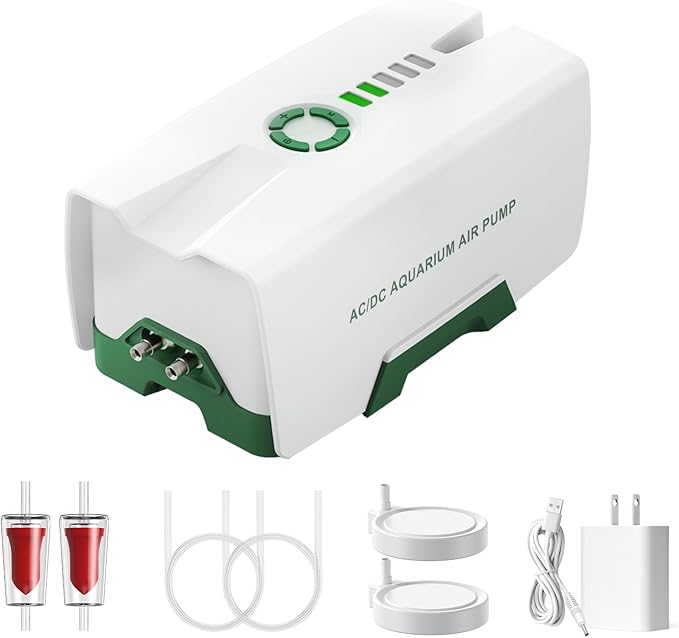 Ghosthorn Quiet AC/DC Aquarium Air Pump 12000mAh Battery Powered Aquarium Bubbler with 87 Hours Battery Life 2-Outlet Rechargeable Bait Aerator Adjustable Oxygen Pump, Power Outages and Emergency-PawvioPets