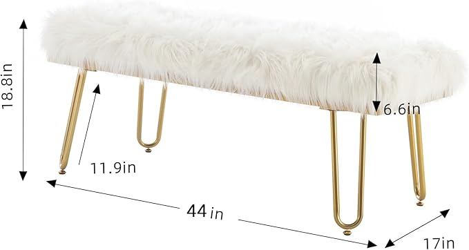 42.5Inch White Bedroom Bench, Benches for Bedroom White Faux Fur Upholstered Bed end Bench, Tufting Bench Indoor Bench with Metal Legs for Living Room Bedroom Dining Room Entryway-PawvioPets