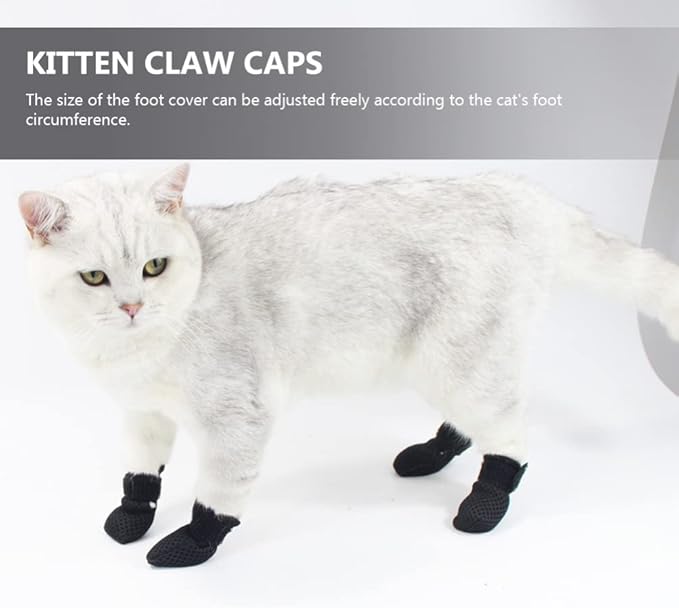 Cat Booties to Prevent Scratching: 4pcs AntiScratch Cat Claw Covers for Feeding Medicine, Pet Grooming, Bathing Shaving Checking, and Nail Trimming, Black Pet Shoes Socks Caps Mittens Paw Protector M-PawvioPets