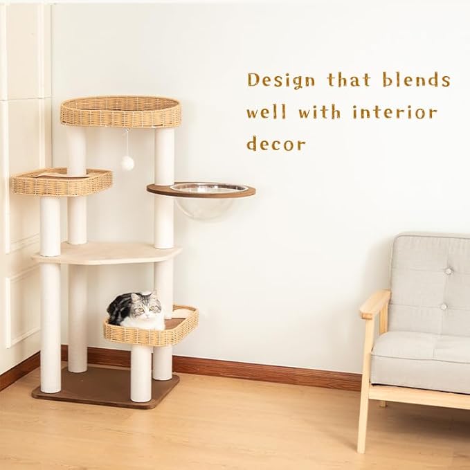 48'' Cat Tree for Large Cats, Modern Cat Tree Multi-Level Condo with Natural Wood, Cat Activity Centre for Medium and Big Pets-PawvioPets