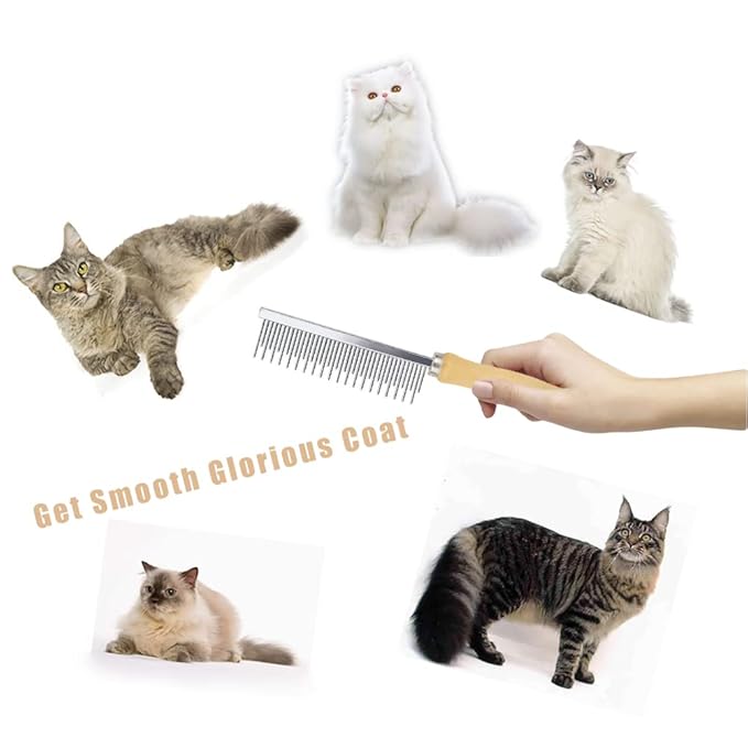 Dog Cat Grooming Comb with Wooden Handle Stainless Steel Teeth, Pet Grooming Supplies Accessories for Hairy Pets (Dual Teeth)-PawvioPets