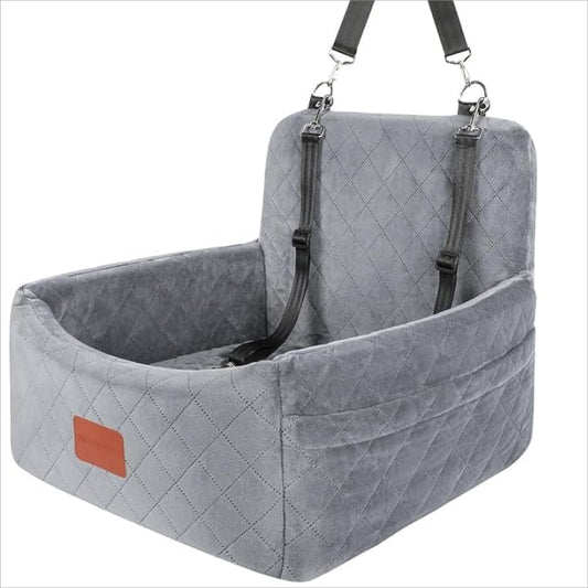 Dog Car Seat for Small Dogs Under 30lbs,Comfy & Safe Travel Bed with Washable Cover,2 Clip-On Safety Leashes and Pockets,Anti-Slip Base,Easy to Install(Grey)-PawvioPets