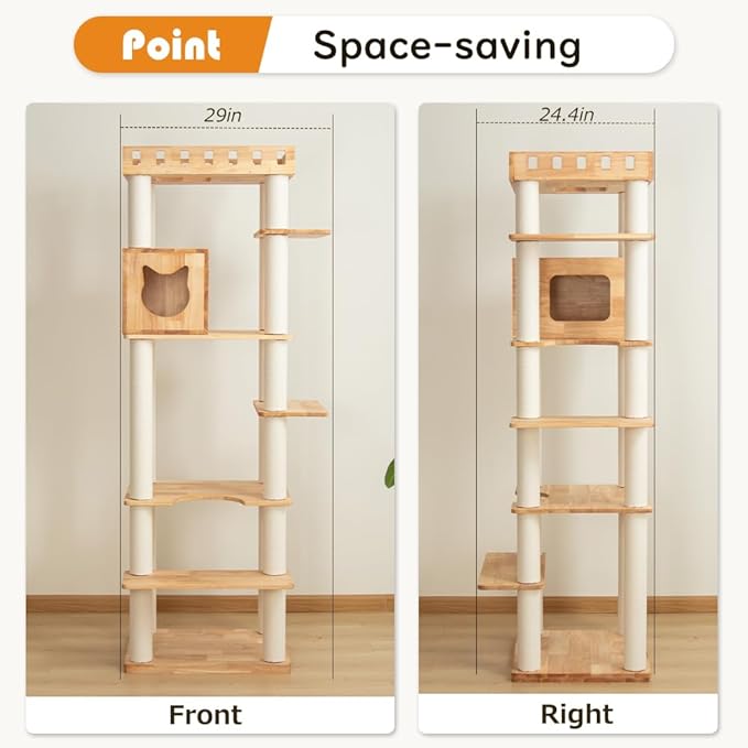 74" Wooden Cat Tree Tower for Large Cats, Multi-Level Cat Climbing Furniture with Scratching Posts, Cat Condo & Hammock, Natural Wood Cat Activity Center (White)-PawvioPets