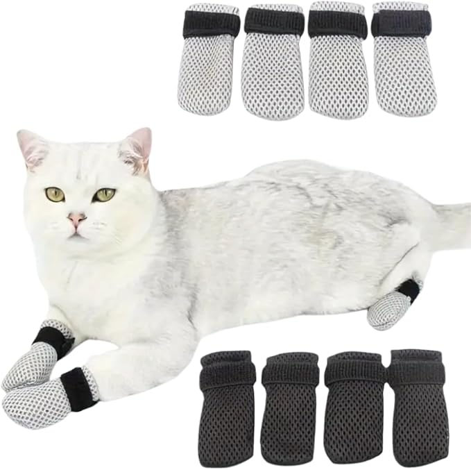 8 Pack Cat Mittens to Prevent Scratching, Adjustable Breathable Mesh Cat Booties & Claw Covers - Anti Scratch Gloves for Bathing, Nail Trimming - 4 Black & 4 Grey, Paw Inner Diameter up to 1.57 Inches-PawvioPets