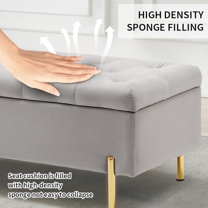 45.6 Inch Velvet Storage Bench, Tufted Upholstered Ottoman with Storage, Bedroom Living Room Entryway Rectangular Accent Bench, Grey-PawvioPets