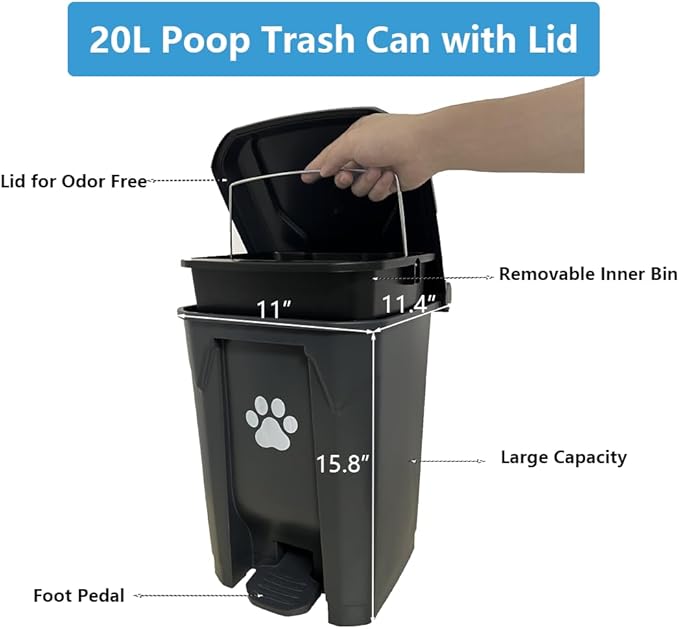 Dog Poop Trash Can for Outdoors with Extra Large Pooper Scooper & 50 Waste Bags - 20L/5 Gallon Large Dog Poop Trash Can Outside with Lid and Removable Inner Bucket Waterproof Odor Control for Backyard-PawvioPets