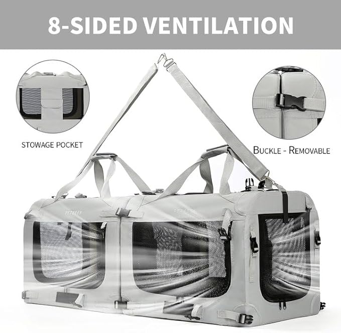 Extra Large Cat Carrier Soft Sided, Portable Small Dog Carrier for 2 Cats, 24"x16.5"x16" Car Travel Folding Comfortable Design with Litter Box and Bowls, Grey-2+ Litter Box+ Bowl*2-PawvioPets