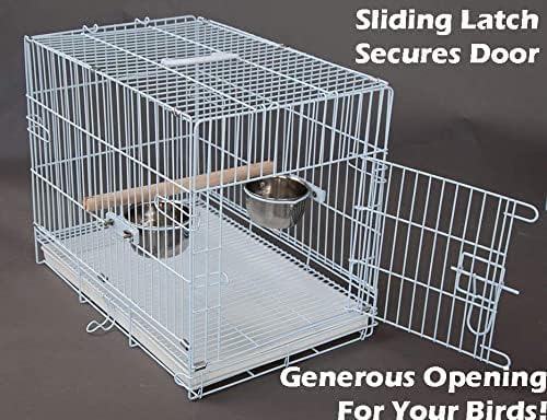 Durable Easy Portable Metal Travel or Veterinary Collapsable Parrot Bird Carrier Beaks Proof Cage with Stainless Steel Feeder Bowls Natural Wooden Perch Stand-PawvioPets