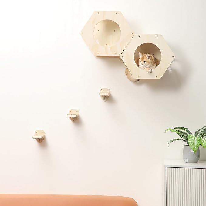 3 Pcs Cat Wall Steps, Cat Shelves and Perches for Wall, Wall-Mounted Cat Climbing Shelf with Hemp Rope Covered, Cat Wall Furniture Steps Set with Scratching Pads for Cats Playing and Climbing (Wood)-PawvioPets