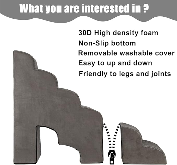Dog Stairs for High Beds 25-30 inches Tall, 6-Step Dog Steps for High Bed for Doggies/Kitties, 30D Foam Pet Stairs Steps for Small Dogs, Dog Ramp/Ladder for Old Dogs/Cats, Grey-PawvioPets