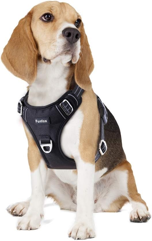 Funfox Dog Harness No Pull, Adjustable Pet Vest Harness, Super Soft Material with Vertical Handle Easy Control, Reflective Night Walking, 2 Leash Clips for Medium Sized Dogs, Black, M-PawvioPets