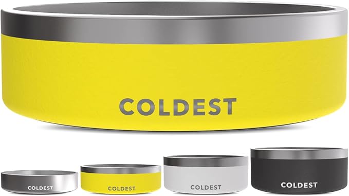 Coldest Dog Bowl - Anti Rust Metal, Non Slip, 3 Layers Insulated Stainless Steel Dog Bowls - Spill Proof & Heavy Duty - Water Bowl for Dogs, Cats & Pets, Dish Washer Safe (42 oz, Solar Yellow)-PawvioPets