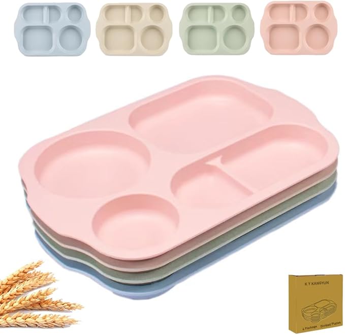 12 Inch Divided Plates4 PCS - Reusable Unbreakable Wheat Straw Plates, Dinnerware Lunch Tray Plates Tableware for Kitchen, Picky Eaters, Campers and Portion Control (Blush)-PawvioPets