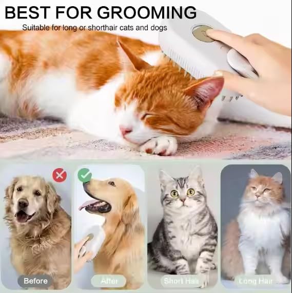 3-in-1 Steam Pet Brush for Cats & Dogs – Self-Cleaning Grooming Comb with Spray Mist, Massage & Shedding, Rechargeable USB, Anti-Static, Foldable Handle (TAN)-PawvioPets
