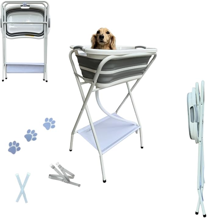 Collapsible Elevated Pet Bathtub, Foldable Washing Station for Small to Medium Dogs and Cats, Portable Pet Shower and Grooming Stand for Indoor and Outdoor Use-PawvioPets
