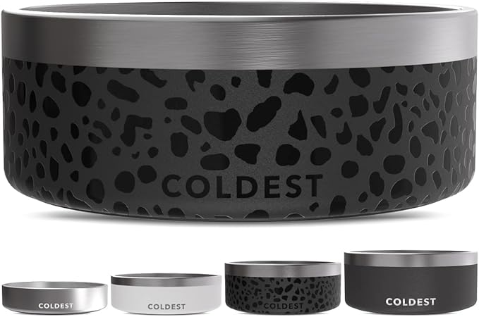 Coldest Dog Bowl - Anti Rust Metal, Non Slip, 3 Layers Insulated Stainless Steel Dog Bowls - Spill Proof & Heavy Duty - Water Bowl for Dogs, Cats & Pets, Dish Washer Safe (64 oz, Black Leopard)-PawvioPets