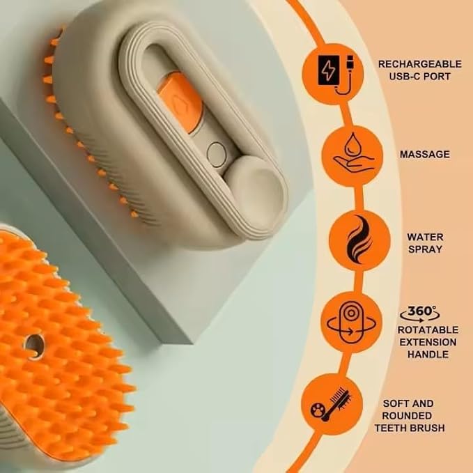 3-in-1 Steam Pet Brush for Cats & Dogs – Self-Cleaning Grooming Comb with Spray Mist, Massage & Shedding, Rechargeable USB, Anti-Static, Foldable Handle (TAN)-PawvioPets