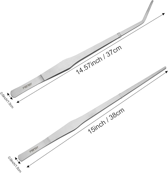 Aquarium Tweezers Extra Long 15 inches Feed Tong clamps - FEITA Straight and Curved Stainless Steel 38cm Tweezers Set for Fish Tank Plants Aquascape Tools & Reptile Feeding Tongs - Sliver 2Pcs-PawvioPets