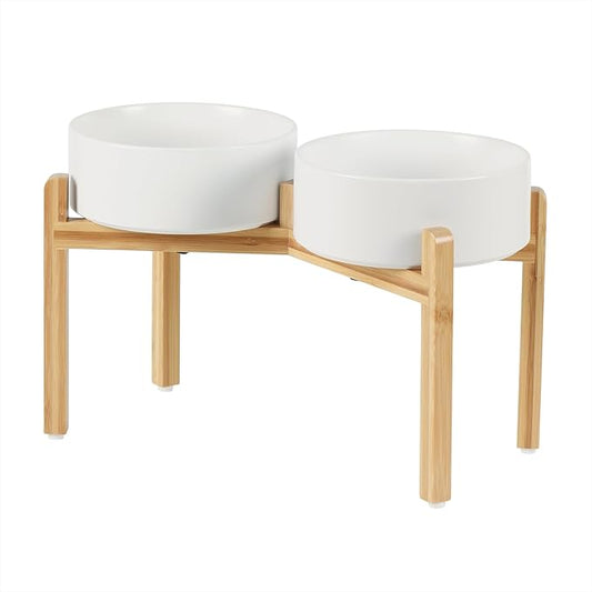 Ceramic Raised Double Bowls Set with Stand, Food & Water Bowls for Large Breed Dogs, Weighted Dog Dishes, Pet Bowl(8.2'',60OZ, White)-PawvioPets