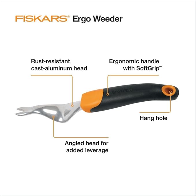 Fiskars Ergo Weeder Tool for Weeding, Heavy Duty Gardening Hand Tool with Ergonomic Handle and Hanging Hole for Storage, Remove Weeds and Roots like Dandelions and Thistles-PawvioPets