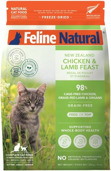 Feline Natural High Protein Dry Cat Food, Freeze-Dried Diet with 98% Meat, Organs & Seafood, No Peas, Grains, or Artificial Additives, Made in New Zealand, Chicken & Lamb, 11oz-PawvioPets