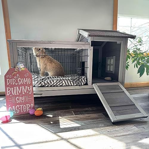 Aivituvin Wooden Rabbit Hutch with Removable Wire Floor Grid, Bunny Cage with Deeper Leakproof Tray 4 Wheels Include-PawvioPets