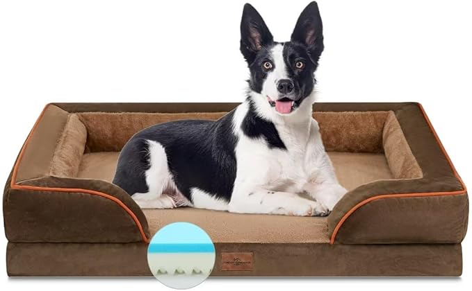 Comfort Expression Cooling Dog Beds Orthopedic, Waterproof Memory Foam Dog Bed for Large Dogs, Washable Dogs Beds with Removable Cover, Pet Sofa Couch with Bolster(Large,Khaki Brown)-PawvioPets