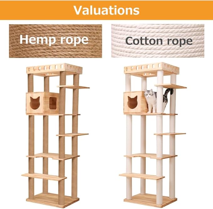 74" Wooden Cat Tree Tower for Large Cats, Multi-Level Cat Climbing Furniture with Scratching Posts, Cat Condo & Hammock, Natural Wood Cat Activity Center(Brown)-PawvioPets